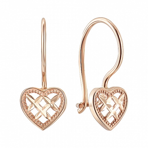 Raudono aukso auskarai su širdelėmis ir deimantais