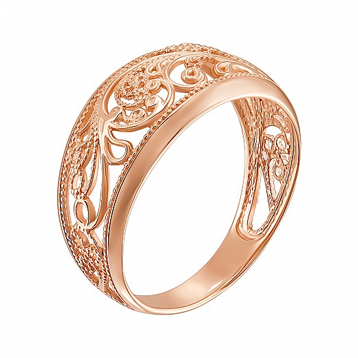 Auksinis žiedas raudonas su ažūriniais raštais