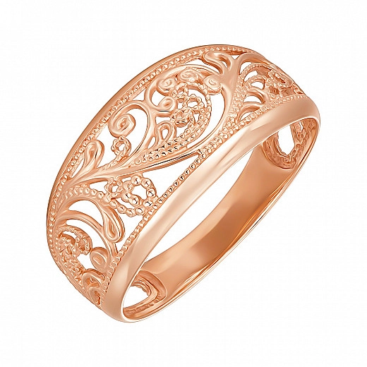 Auksinis žiedas raudonas su ažūriniais raštais