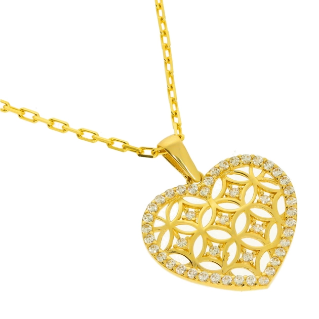 Moteriškas geltono aukso širdies formos pakabukas su cirkoniais 585