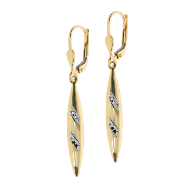 Elegantiški moteriški geltono ir balto aukso kabantys auskarai 585