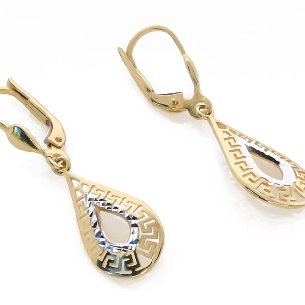 Elegantiški moteriški dviejų spalvų aukso auskarai su raštu 585