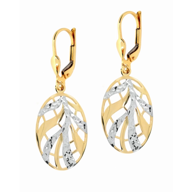 Elegantiški moteriški geltono ir balto aukso kabantys auskarai 585