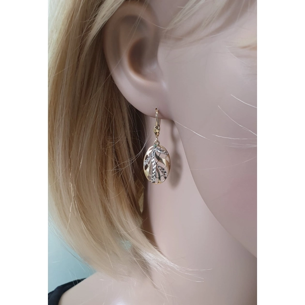Elegantiški moteriški geltono ir balto aukso kabantys auskarai 585
