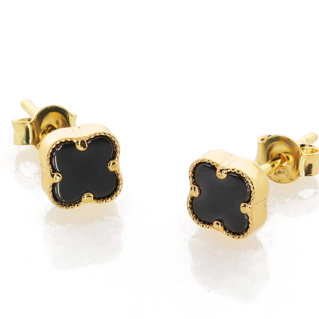 Elegantiški moteriški geltono aukso auskarai dobilėliai su juodais cirkoniais 585