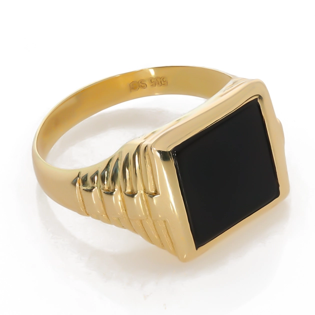 Vyriškas geltono aukso masyvus žiedas su juodu cirkoniu 585