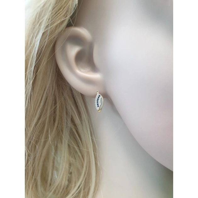 Elegantiški moteriški geltono aukso auskarai su mėlynais ir baltais cirkoniais 585