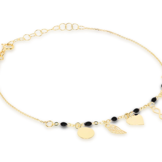 Moteriška geltono aukso apyrankė su juodais cirkoniais ir pakabukais 585