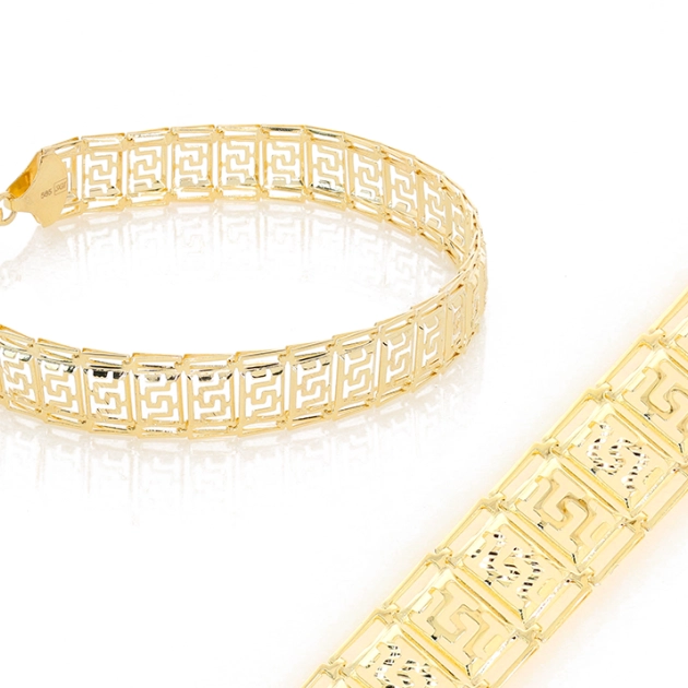 Išskirtinė moteriška geltono aukso apyrankė su graikišku raštu 585