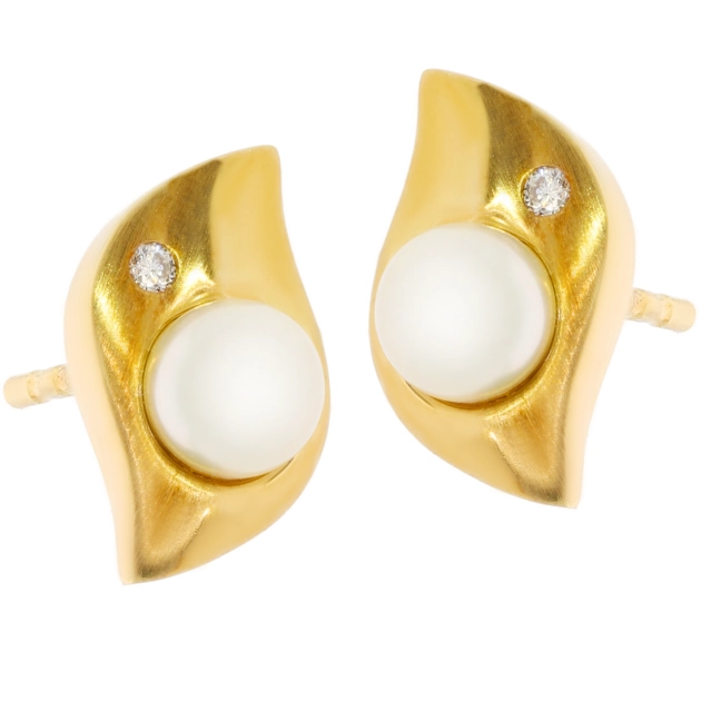 Elegantiški moteriški geltono aukso auskarai su perlais ir deimantais 585