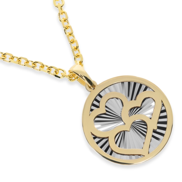 Moteriškas geltono ir balto aukso pakabukas su širdelėmis 585