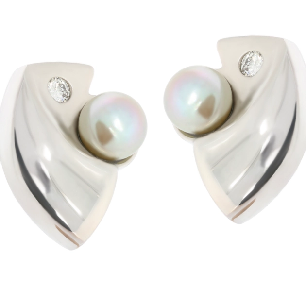 Išskirtiniai moteriški balto aukso auskarai su perlais ir deimantais 585