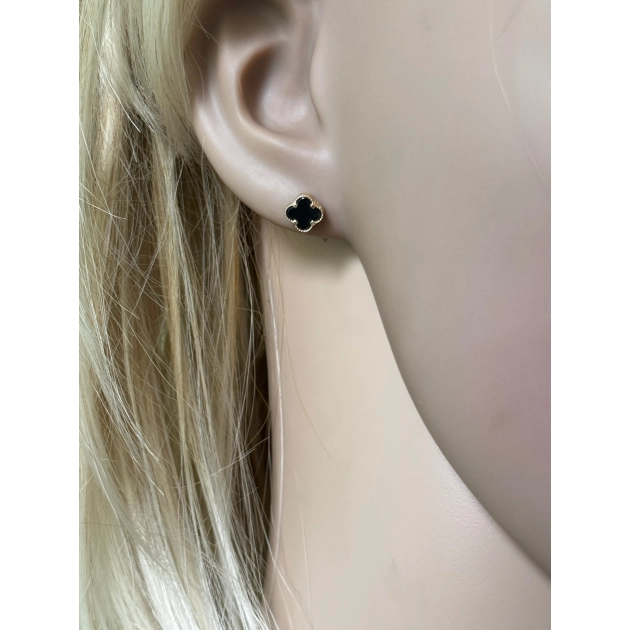 Elegantiški moteriški geltono aukso auskarai dobilėliai su juodais cirkoniais 585