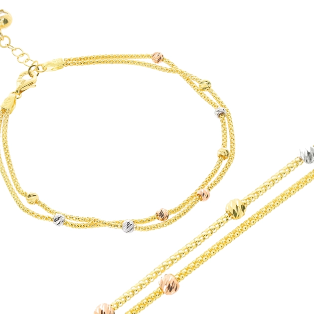 Elegantiška moteriška geltono aukso apyrankė su trijų spalvų Bead pynimu 585